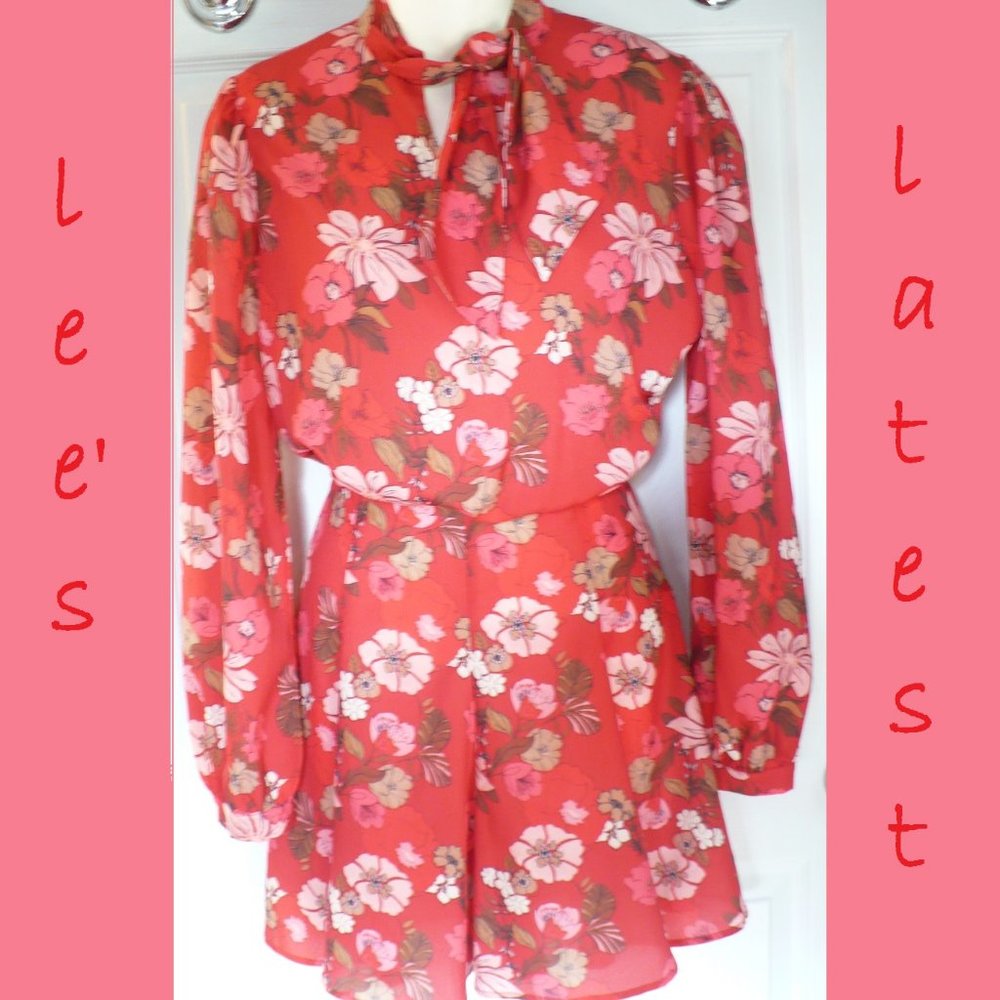 Aly Daly Red Floral Long Sleeve Dress Large